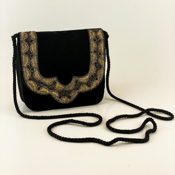Vintage Handbags - Black Velvet Boho Clutch Gold Embroidered Handbag